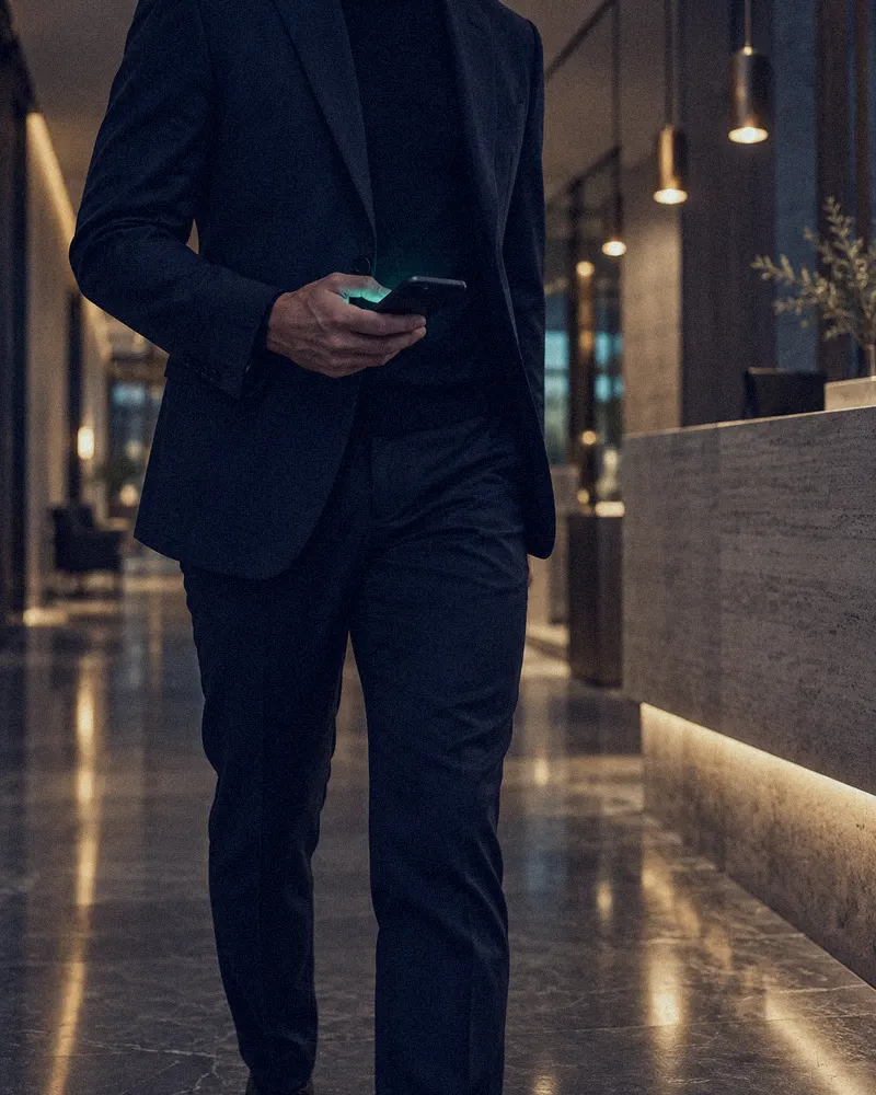 Profissional em clínica de alto padrão com smartphone