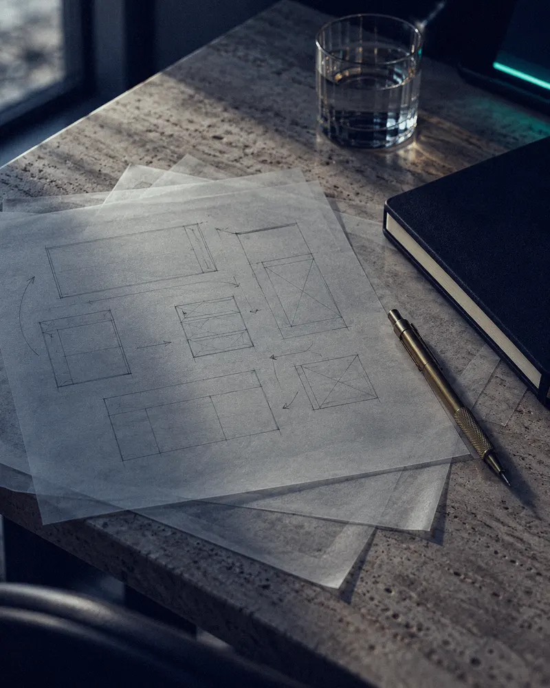 Mesa de estratégia com croquis e materiais nobres