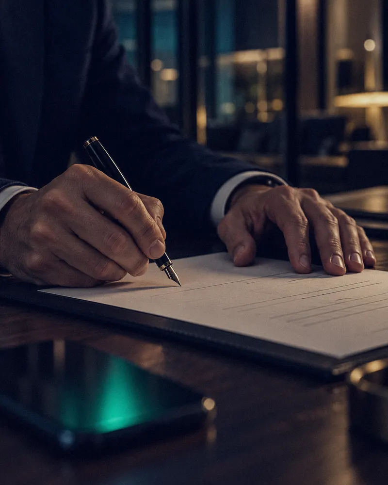 Assinatura de contrato profissional sobre mesa de nogueira